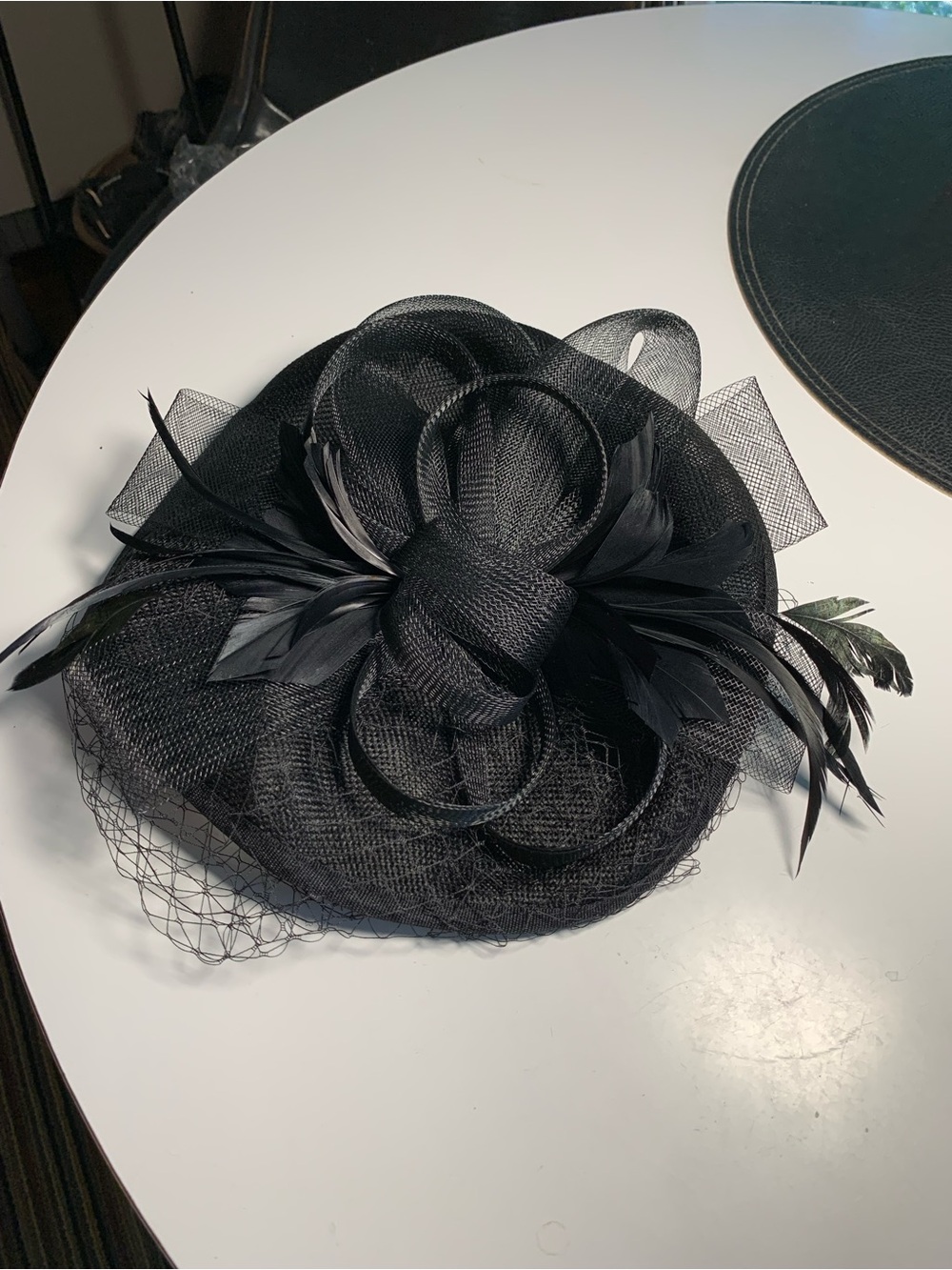 Black Women's Fascinator Hat with Feather and Net Detail